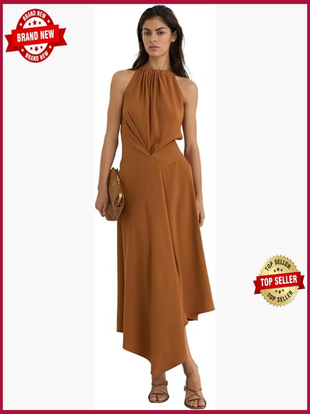 Gathered Neck Drape Detail Midi Dress with Asymmetric Hem